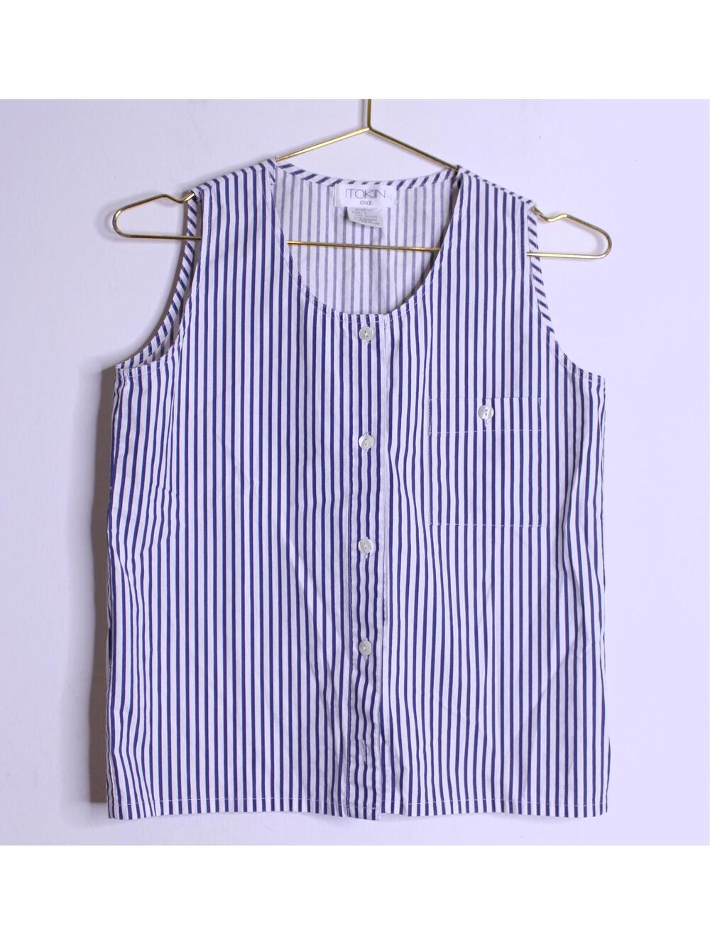 VTG Blue White Stripe Sleeveless Button Down Cotton Blouse - Small